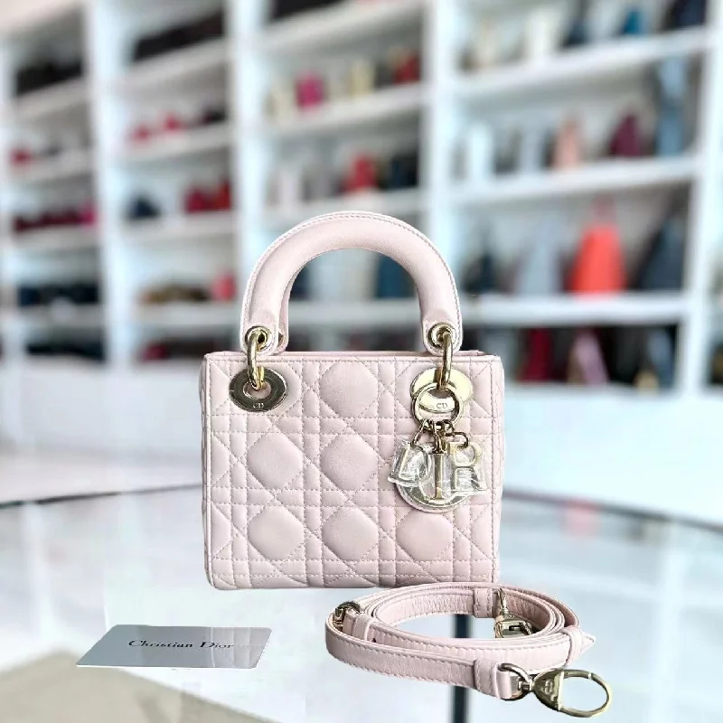 Christian Dior Saddle bags with a studded trim for a bold look*Adjustable Strap* Lady Mini Cannage Lambskin Sakura Pink GHW