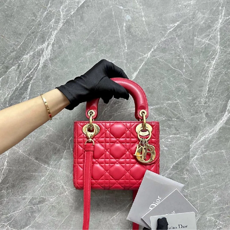 High - fashion Christian Dior bags with a geometric pattern*Adjustable Strap* lady Mini Red Lambskin GHW