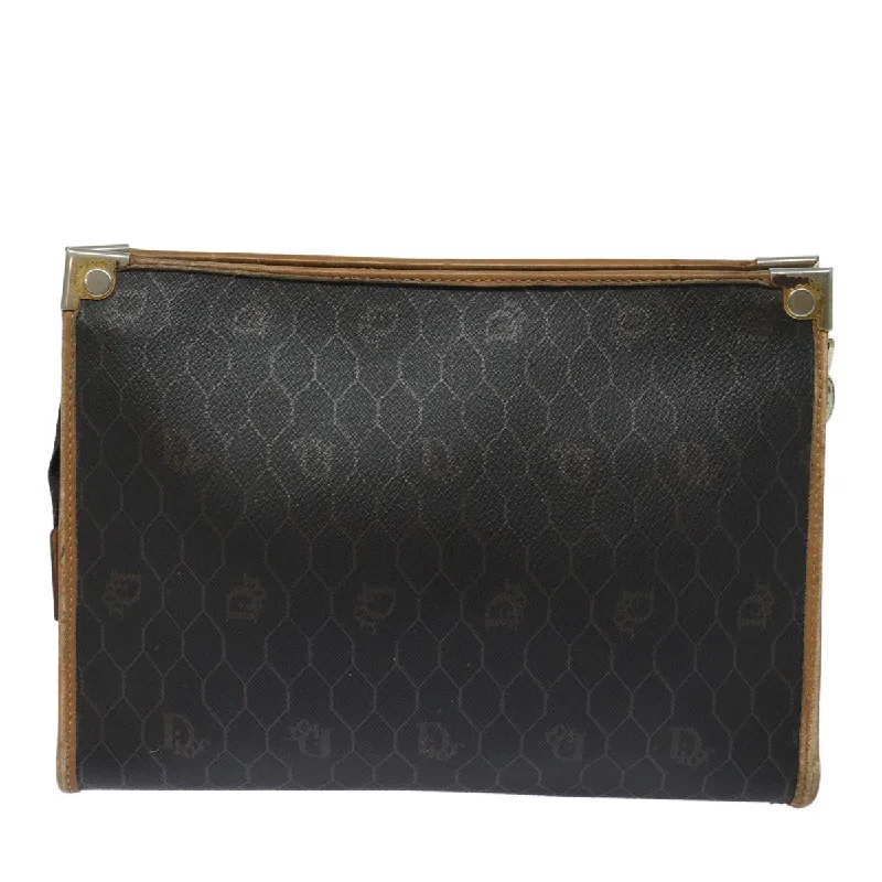 Christian Dior tote bags with a printed Dior logo on the frontCHRISTIAN DIOR Honeycomb Canvas Clutch Bag PVC Leather Black Brown Auth ti1770