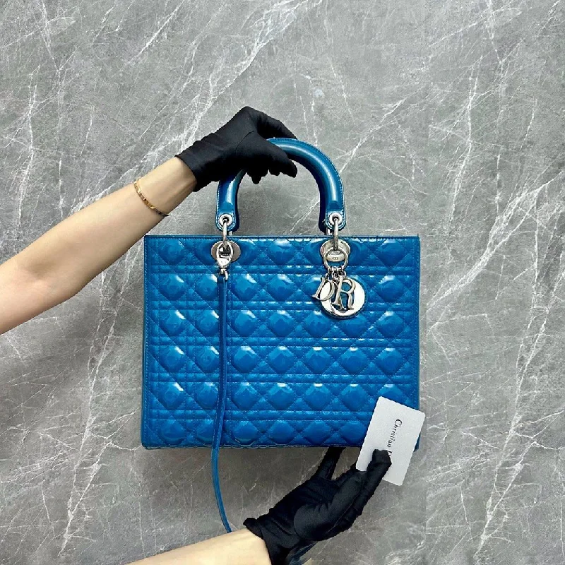 Christian Dior Saddle bags with a studded trim for a bold lookLady Large Patent Vernis Leather Blue Malachite SHW