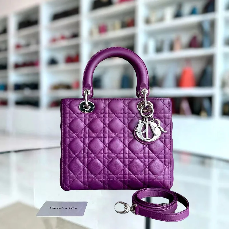 Christian Dior Saddle bags with a patent leather finish for a shiny lookLady Medium Cannage Lambskin Purple SHW