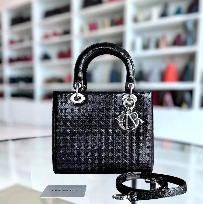 Christian Dior bags with a side - pocket for holding a water bottleLady Medium Micro Cannage Patent Calfskin Black SHW