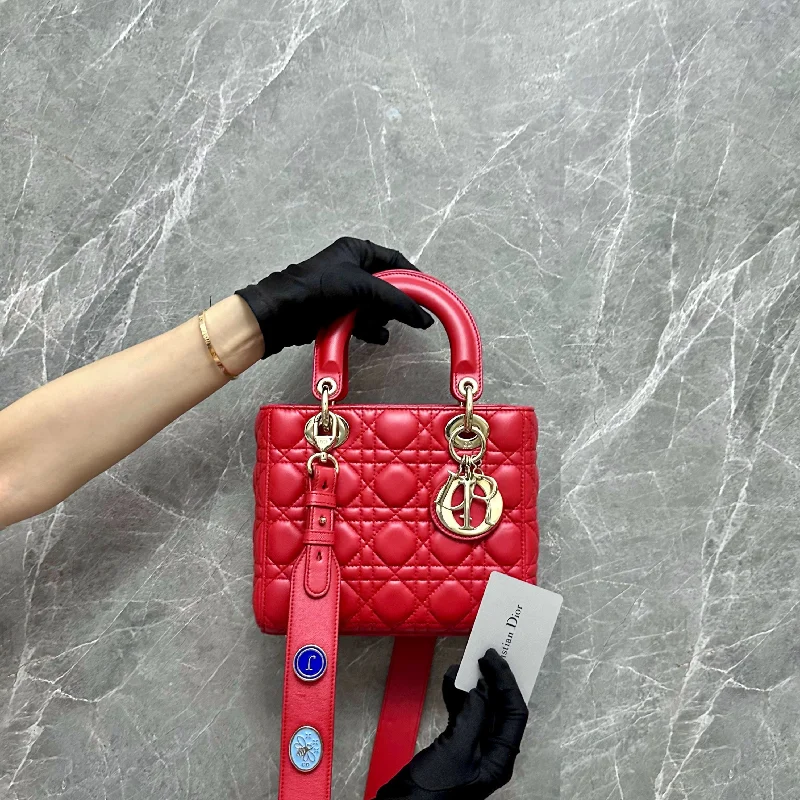 Christian Dior Saddle bags with a distressed leather finishLady Small Lambskin Red GHW MyABC Charm Badge