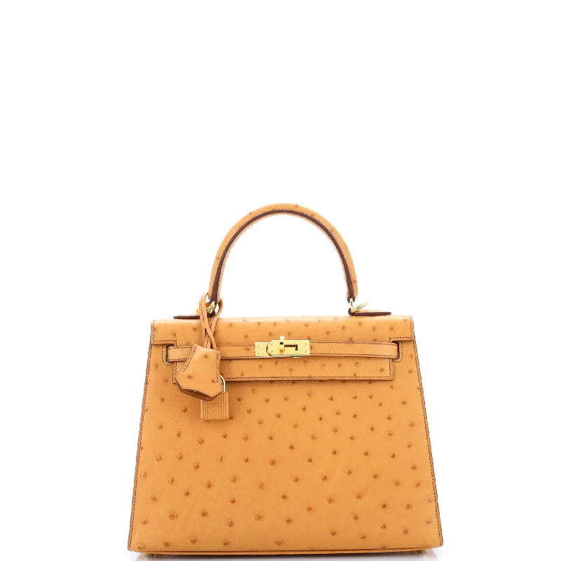 Hermes Bags with Reflective Elements for Safety at NightKelly Handbag Cognac Ostrich with Gold Hardware 25