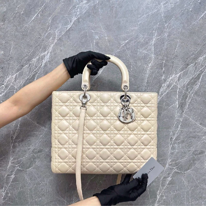 Christian Dior handbags with a back - pocket for quick storage*Like New, Lamb* Lady Large Lambskin Cream Leather Bag