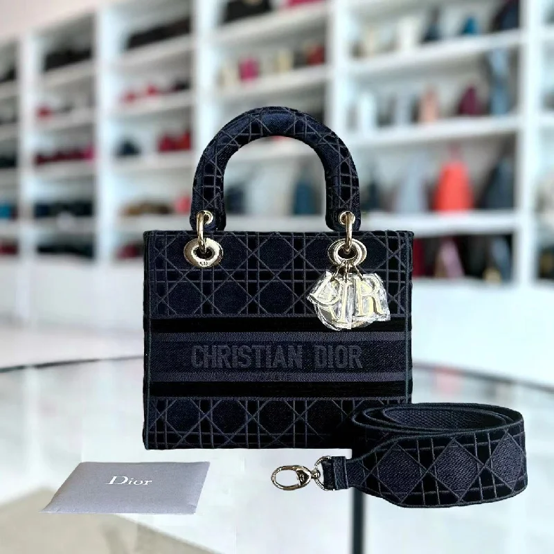 Contemporary Christian Dior handbags with a unique shape*Unused* Lady D-Lite Embroidery Cannage D Lite Dark Blue LGHW